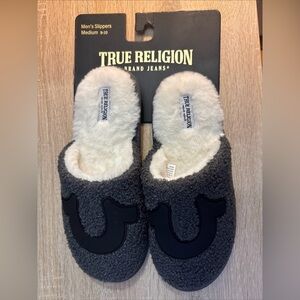True Religion Slippers Men's M Size 9 10 Gray Black Horseshoe Logo Medium